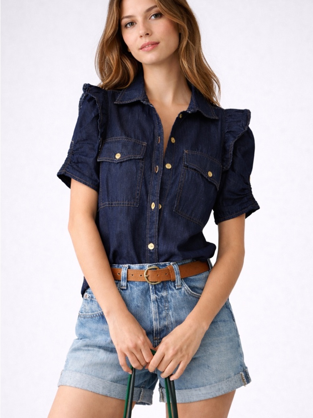 NWT Anthropologie Pilcro Ozzie Ruffle Sleeve Denim Buttondown Shirt M